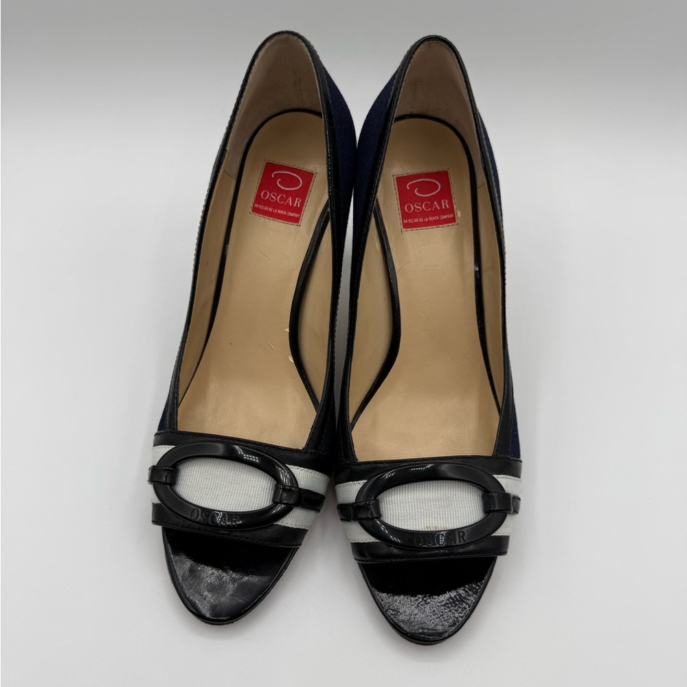 VTG RARE Oscar de la Renta O Calada Peep Toe Heels Blue/Black Size 8 - Picture 6 of 16